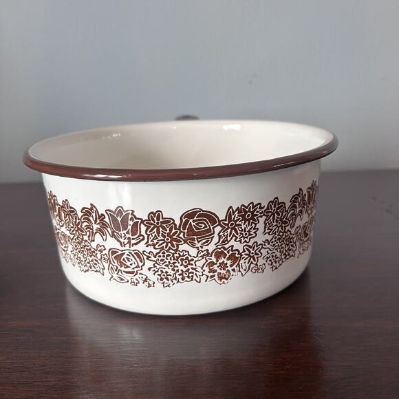 Vintage 1970s Enamel Brown/white Flower Pattern Sauce Pan (no Lid) - Picture 2 of 6